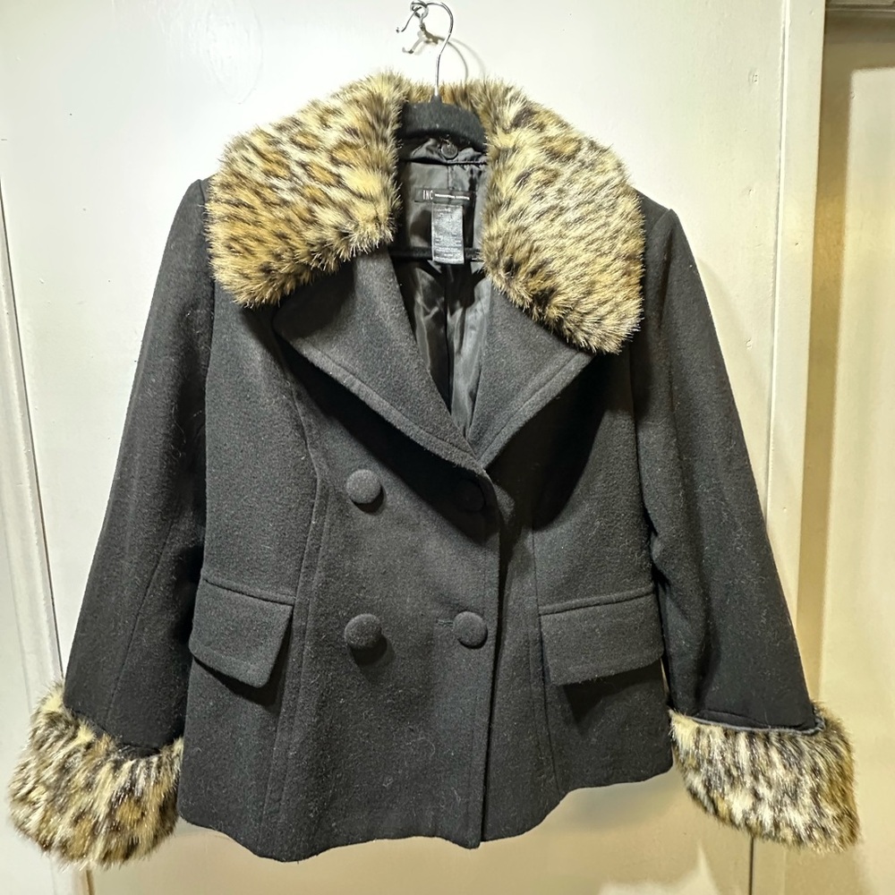 INC International Concepts Black Pea Coat with Faux Fur Trim